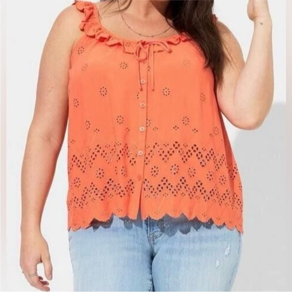 Torrid Orange Eyelet Ruffle Button Front Tank size 0x 12 Large